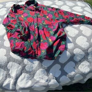 Vintage Adesso Pink/Red Floral Silk long Sleeve Blouse Size Large